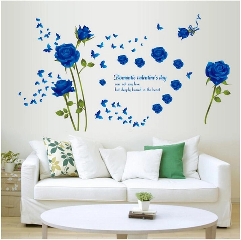 Adesivi da Parete Romantici con Rosa Blu e Farfalle Decalcomania in PVC Rimovibile per Soggiorno Camera da Letto Sfondo TV