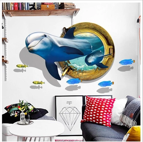 Adhesivo de Pared 3D Delfín Océano PVC Impermeable Removible Calcomanía de Pared para Sala de Estar Dormitorio Habitación Niños Decoración Hogar