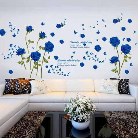 Adesivi da Parete Romantici con Rosa Blu e Farfalle Decalcomania in PVC Rimovibile per Soggiorno Camera da Letto Sfondo TV