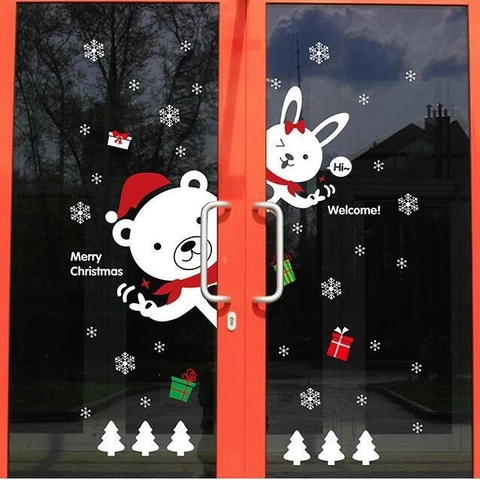 Pegatinas de Ventana de Navidad de Oso y Conejo Copos de Nieve Blancos Árbol de Navidad Calcomanías Estáticas de PVC Decoración de Hogar