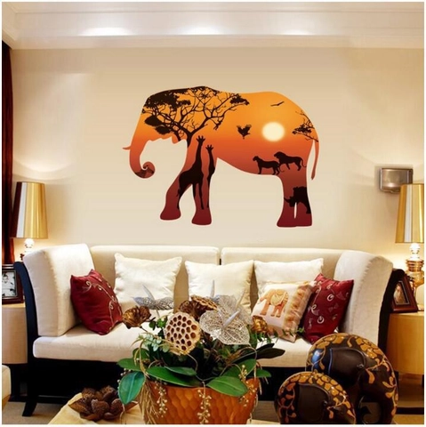Kreative Afrikanischer Elefant Savanne Sonnenuntergang Wandtattoo PVC Abnehmbar Wasserdicht Aufkleber Für Wohnzimmer Dekor