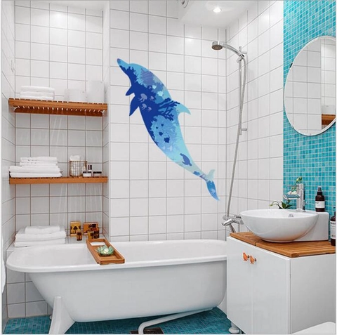 Adesivo Da Parete Silhouette Delfino Mondo Oceanico Blu PVC Vita Marina Arredamento Per Soggiorno Bagno Camera Da Letto Arredo Casa Minimalista
