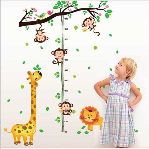 Cartoon Animal Height Growth Chart Wall Sticker Giraffe Monkey Lion Tree Waterproof PVC Kids Room Nursery Classroom Wall Decor
