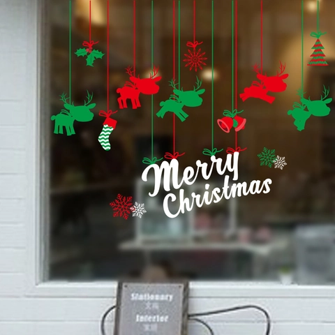 Merry Christmas Reindeer Snowflake PVC Window Stickers Removable Holiday Wall Decals For Shop Home Glass Decoration