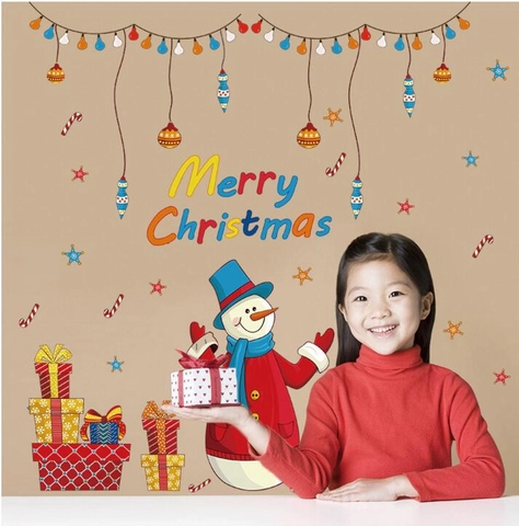 Pegatina de Pared de PVC de Muñeco de Nieve y Caja de Regalo de Navidad Calcomanías Decorativas de Merry Christmas para Hogar