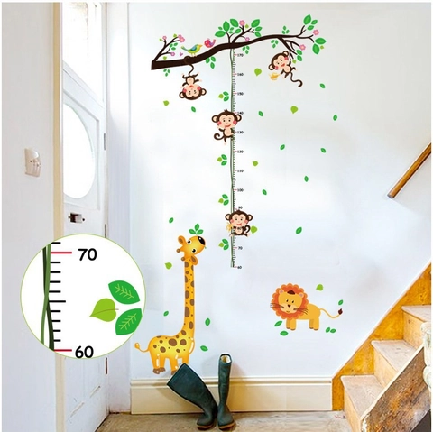 Cartoon Animal Height Growth Chart Wall Sticker Giraffe Monkey Lion Tree Waterproof PVC Kids Room Nursery Classroom Wall Decor