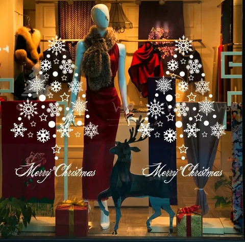 Weihnachtsfenster Aufkleber Weiße Schneeflocke Rentier Stern Merry Christmas PVC Statische Haftung Deko Für Zuhause Schaufenster