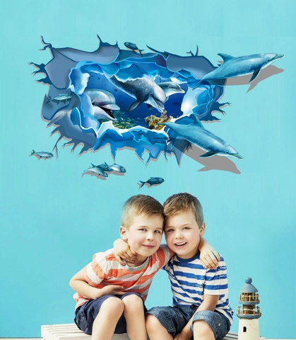 3D Ozean Welt Delfin Zerstörte Wand Aufkleber PVC Wasserdicht Abnehmbar Kreative Meereslebewesen Wandbild Für Kinderzimmer Deko