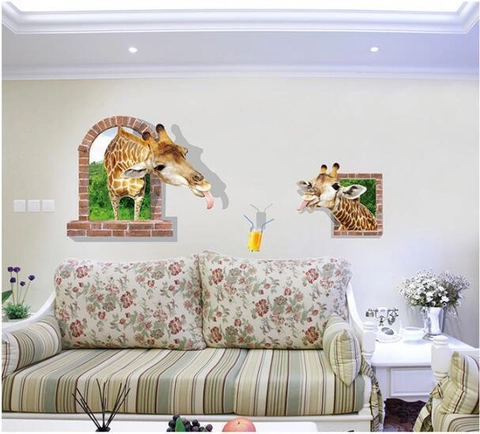3D Creatieve Giraffe Kijkt Door Bakstenen Venster Muursticker PVC Verwijderbaar Waterdicht Dier Sticker Voor Kinderkamer Decor
