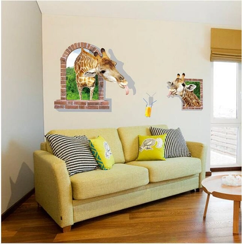 3D Creatieve Giraffe Kijkt Door Bakstenen Venster Muursticker PVC Verwijderbaar Waterdicht Dier Sticker Voor Kinderkamer Decor