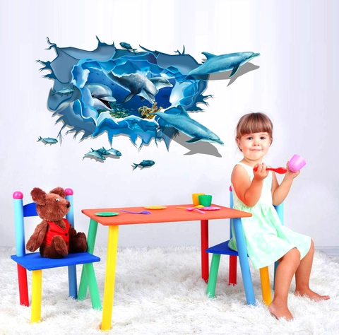 3D Ozean Welt Delfin Zerstörte Wand Aufkleber PVC Wasserdicht Abnehmbar Kreative Meereslebewesen Wandbild Für Kinderzimmer Deko