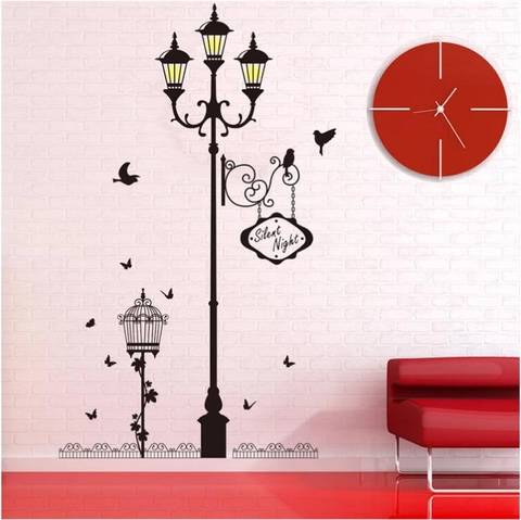 Vintage Schwarz Straßenlaterne Vogelkäfig Vogel Silhouette PVC Wandtattoo Für Wohnzimmer Schlafzimmer Abnehmbar Haus Deko