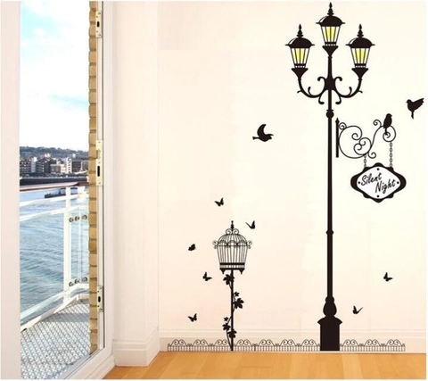 Vintage Schwarz Straßenlaterne Vogelkäfig Vogel Silhouette PVC Wandtattoo Für Wohnzimmer Schlafzimmer Abnehmbar Haus Deko