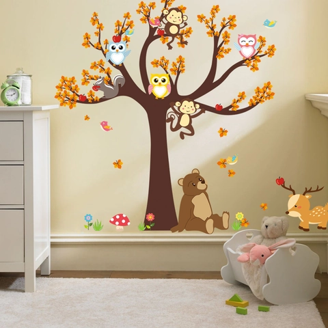 Vinilo De Pared Animales Bosque Dibujos Animados Mono Búho Árbol PVC Impermeable Calcomanía Removible Decoración Infantil