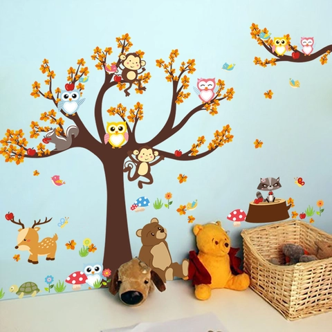 Vinilo De Pared Animales Bosque Dibujos Animados Mono Búho Árbol PVC Impermeable Calcomanía Removible Decoración Infantil