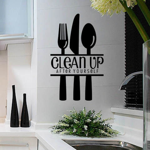 PVC Kitchen Wall Sticker Waterproof Removable Clean Up After Yourself Quote Cutlery Silhouette Dining Room Wall Decor