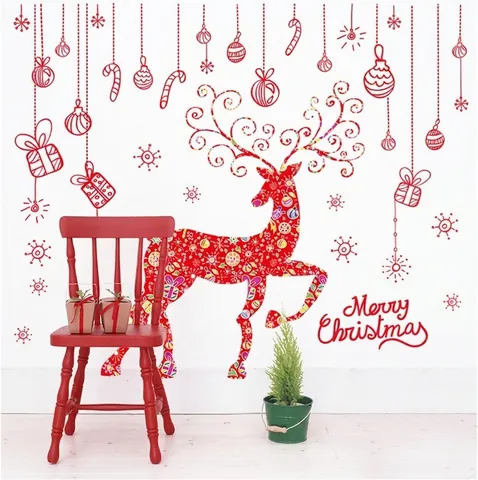 Pegatina de Pared Roja de Alce de Navidad Feliz Navidad PVC Calcomanía de Ventana Removible Decoración Navideña Hogar