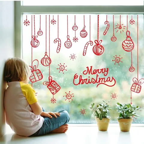 Pegatina de Pared Roja de Alce de Navidad Feliz Navidad PVC Calcomanía de Ventana Removible Decoración Navideña Hogar