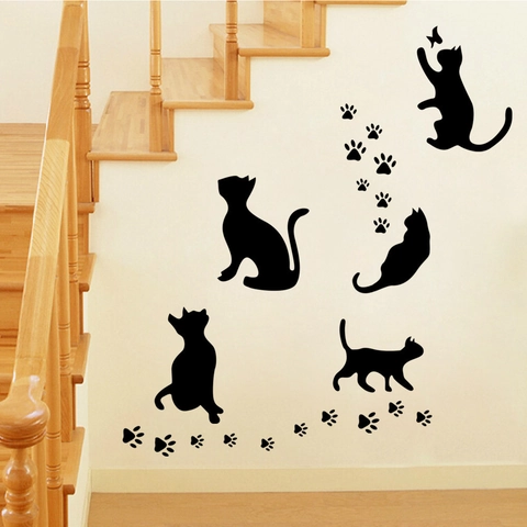 Adhesivo de Pared de Gato Negro Atrapando Mariposas Creativo PVC Mural Extraíble Para Decoración de Sala de Estar Dormitorio Grabado