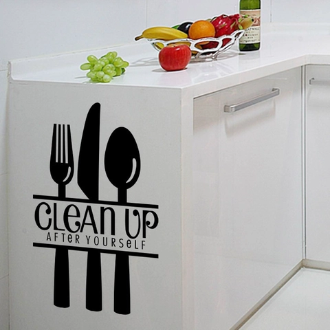 PVC Kitchen Wall Sticker Waterproof Removable Clean Up After Yourself Quote Cutlery Silhouette Dining Room Wall Decor