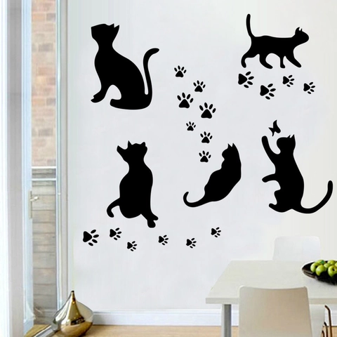 Adhesivo de Pared de Gato Negro Atrapando Mariposas Creativo PVC Mural Extraíble Para Decoración de Sala de Estar Dormitorio Grabado