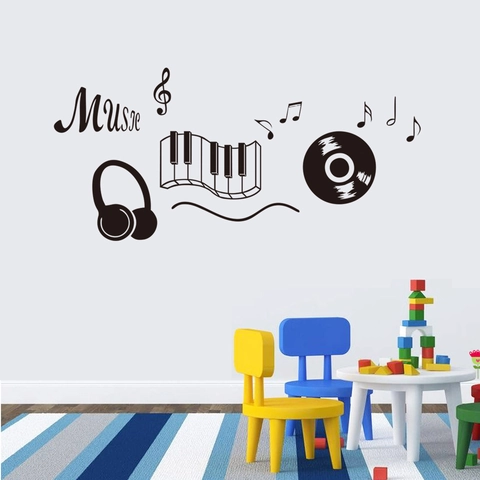 Pegatina de Pared Tema Música Calcomanía de Vinilo Negro Con Notas Auriculares Teclas de Piano PVC Removible para Sala de Estar