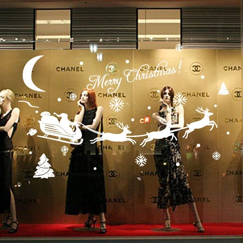 Christmas Window Wall Stickers PVC Santa Sleigh Reindeer Snowflakes Decals For Glass Display Home Decor Xmas Party Decoration