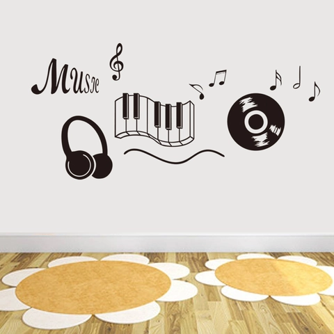 Pegatina de Pared Tema Música Calcomanía de Vinilo Negro Con Notas Auriculares Teclas de Piano PVC Removible para Sala de Estar