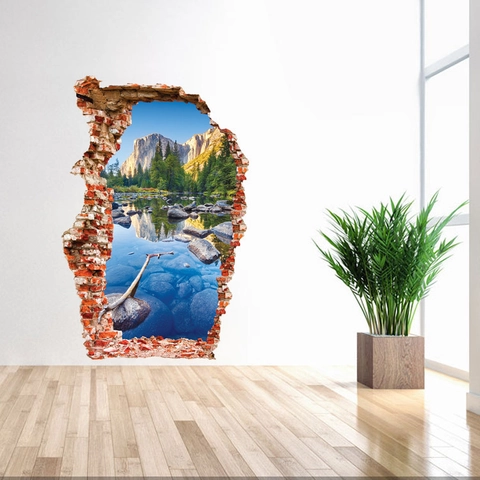 Pegatina de Pared 3D Efecto Pared Rota Paisaje Natural Montaña Lago Bosque Removible PVC Mural Decoración para Hogar Sala de Estar