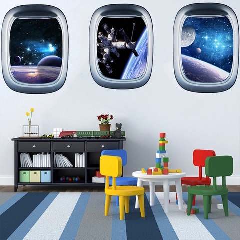 3D Galaxy Space Wall Stickers Plane Window View Outer Space Earth Astronaut Porthole Decals For Kids Room Home Decor Stickers