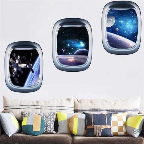 3D Galaxy Space Wall Stickers Plane Window View Outer Space Earth Astronaut Porthole Decals For Kids Room Home Decor Stickers