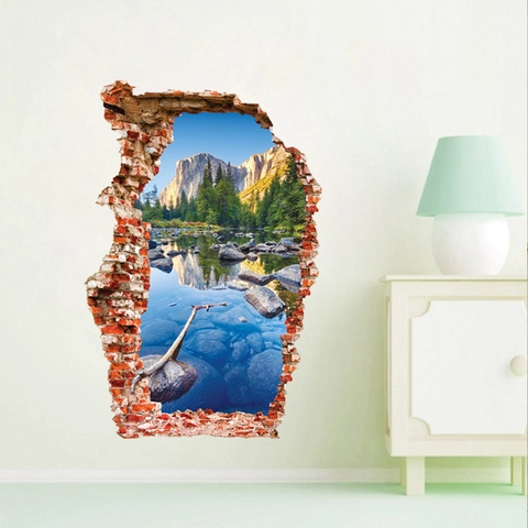 Pegatina de Pared 3D Efecto Pared Rota Paisaje Natural Montaña Lago Bosque Removible PVC Mural Decoración para Hogar Sala de Estar
