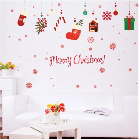 Pegatinas de Pared PVC Feliz Navidad Extraíbles Copo de Nieve Calcetín Regalo Impermeables Decoración Festiva Escaparate Hogar