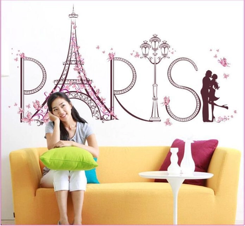 Romantisch Paris Eiffelturm Wandaufkleber Paar Silhouette Herz Schmetterling PVC Abnehmbares Wandtattoo Für Valentinstag Home Dekor