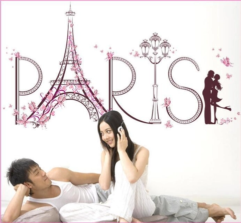 Romantisch Paris Eiffelturm Wandaufkleber Paar Silhouette Herz Schmetterling PVC Abnehmbares Wandtattoo Für Valentinstag Home Dekor
