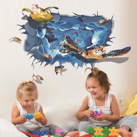 3D Ocean Sea Turtle Wall Stickers Removable PVC Underwater World Fish Coral Reef Decals For Kids Room Bedroom Home Decor