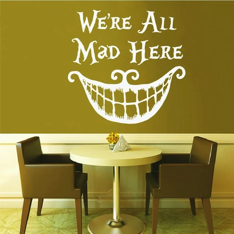 Sticker Mural Sourire du Chat du Cheshire We're All Mad Here Décalcomanie Murale Imperméable en PVC pour Salon Chambre