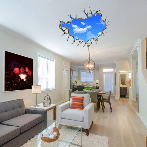 3D Bruchmauer Blauer Himmel Weiße Wolken Wandtattoo PVC Wasserdicht Abnehmbar Deckenaufkleber Für Wohnzimmer Deko