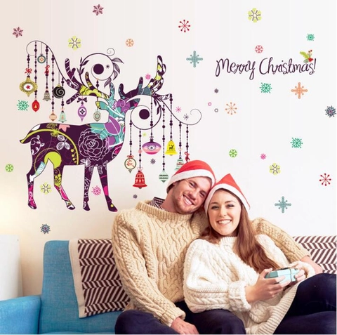 Bunter Rentier Weihnachts Wandaufkleber Frohe Weihnachten Abnehmbares PVC Dekor Für Wohnzimmer Schlafzimmer Feiertag Heim