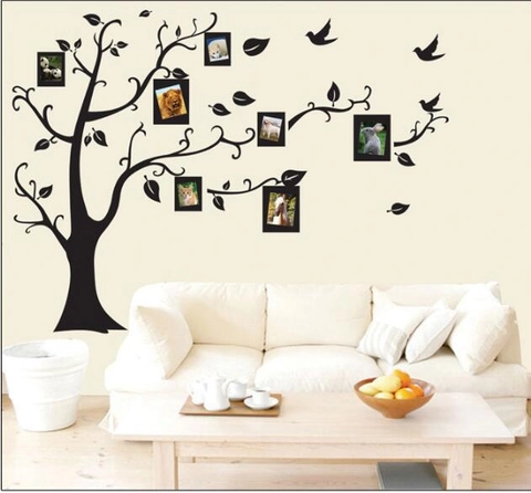 Vinilo Decorativo de Marco de Fotos de Árbol Negro de PVC Removible Rama de Árbol DIY Con Hojas Pájaros Decoración para Sala de Estar