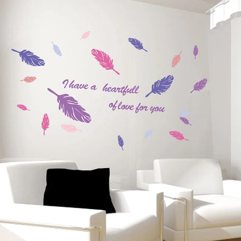 Removable PVC Feather Wall Stickers Romantic Love Quote DIY Waterproof Wall Decals For Bedroom Living Room Decor