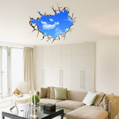 3D Bruchmauer Blauer Himmel Weiße Wolken Wandtattoo PVC Wasserdicht Abnehmbar Deckenaufkleber Für Wohnzimmer Deko