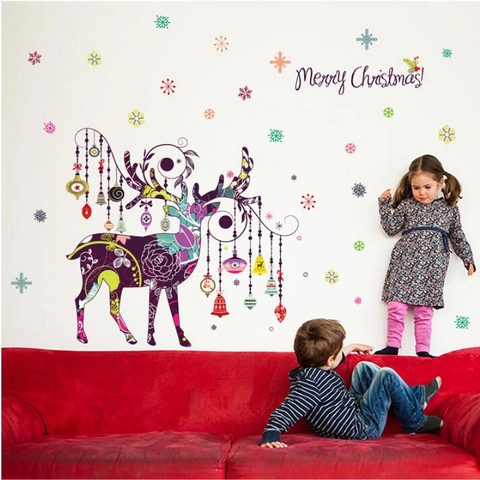 Bunter Rentier Weihnachts Wandaufkleber Frohe Weihnachten Abnehmbares PVC Dekor Für Wohnzimmer Schlafzimmer Feiertag Heim