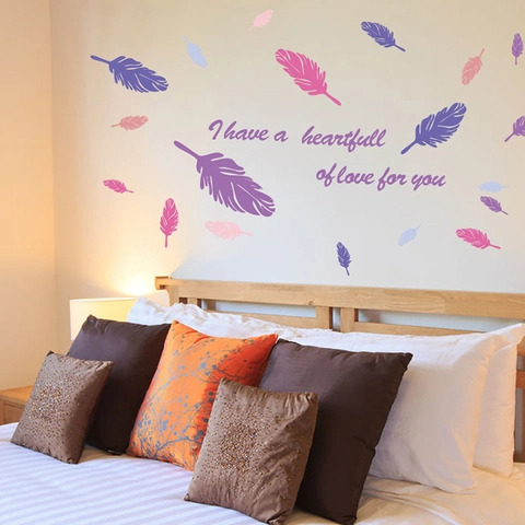 Removable PVC Feather Wall Stickers Romantic Love Quote DIY Waterproof Wall Decals For Bedroom Living Room Decor