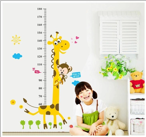 Adhesivo de Pared de Medición de Altura de Jirafa de Dibujos Animados para Habitación de Niños PVC Removible Tabla de Crecimiento Animal Mono Sol