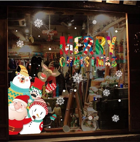 Pegatina de Ventana de Feliz Navidad Papá Noel Muñeco de Nieve Reno Oso Polar de PVC Impermeable Removible Decoración Hogar