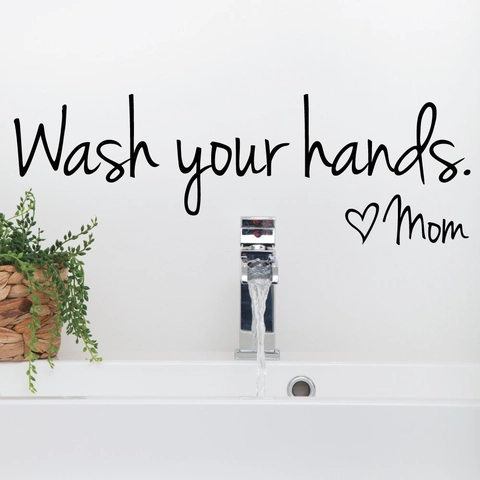 Pegatina de Pared Wash Your Hands Mom Patrón Corazón PVC Negro Impermeable Decoración Espejo Baño Cocina Hogar