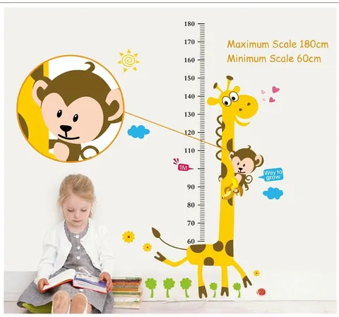 Adhesivo de Pared de Medición de Altura de Jirafa de Dibujos Animados para Habitación de Niños PVC Removible Tabla de Crecimiento Animal Mono Sol