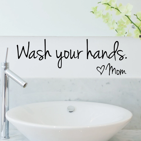 Pegatina de Pared Wash Your Hands Mom Patrón Corazón PVC Negro Impermeable Decoración Espejo Baño Cocina Hogar