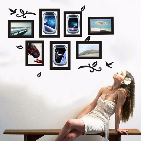 Sticker Mural Créatif Moderne avec Cadre Photo Oiseaux et Feuilles Nordic DIY Imperméable PVC pour Salon Chambre à Coucher